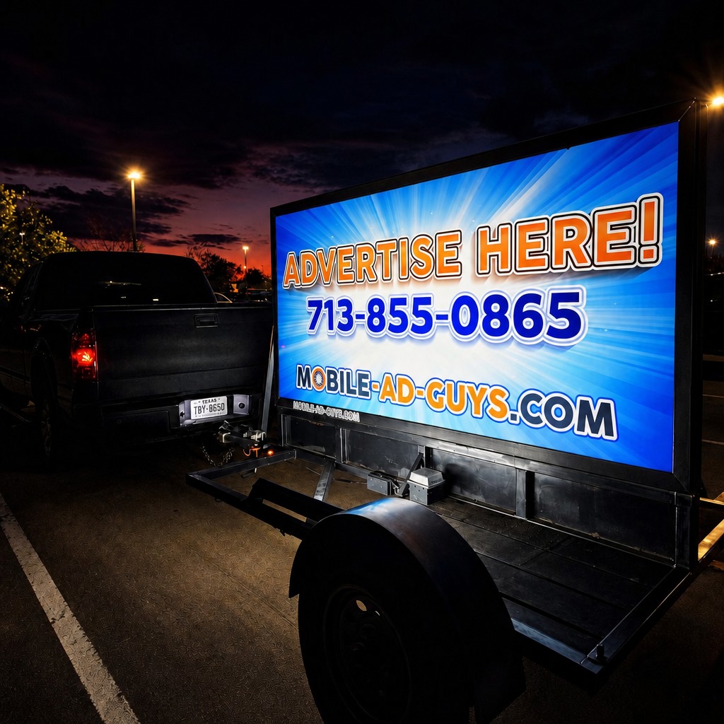 Advertise Here mobile billboard at dusk